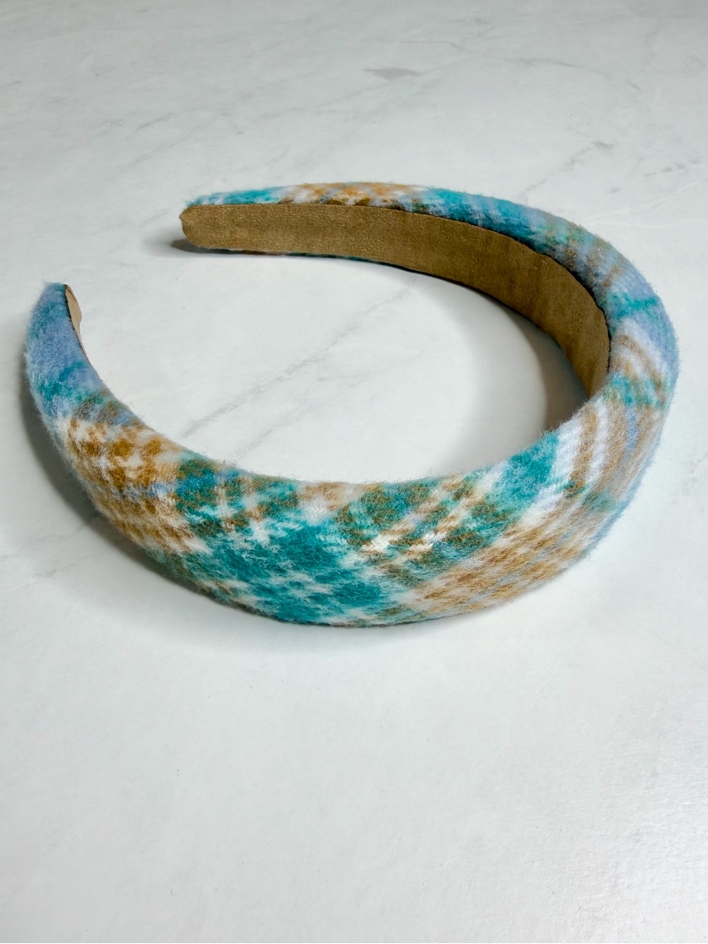 Plaid Padded Headband in Teal Baby Blue and Tan